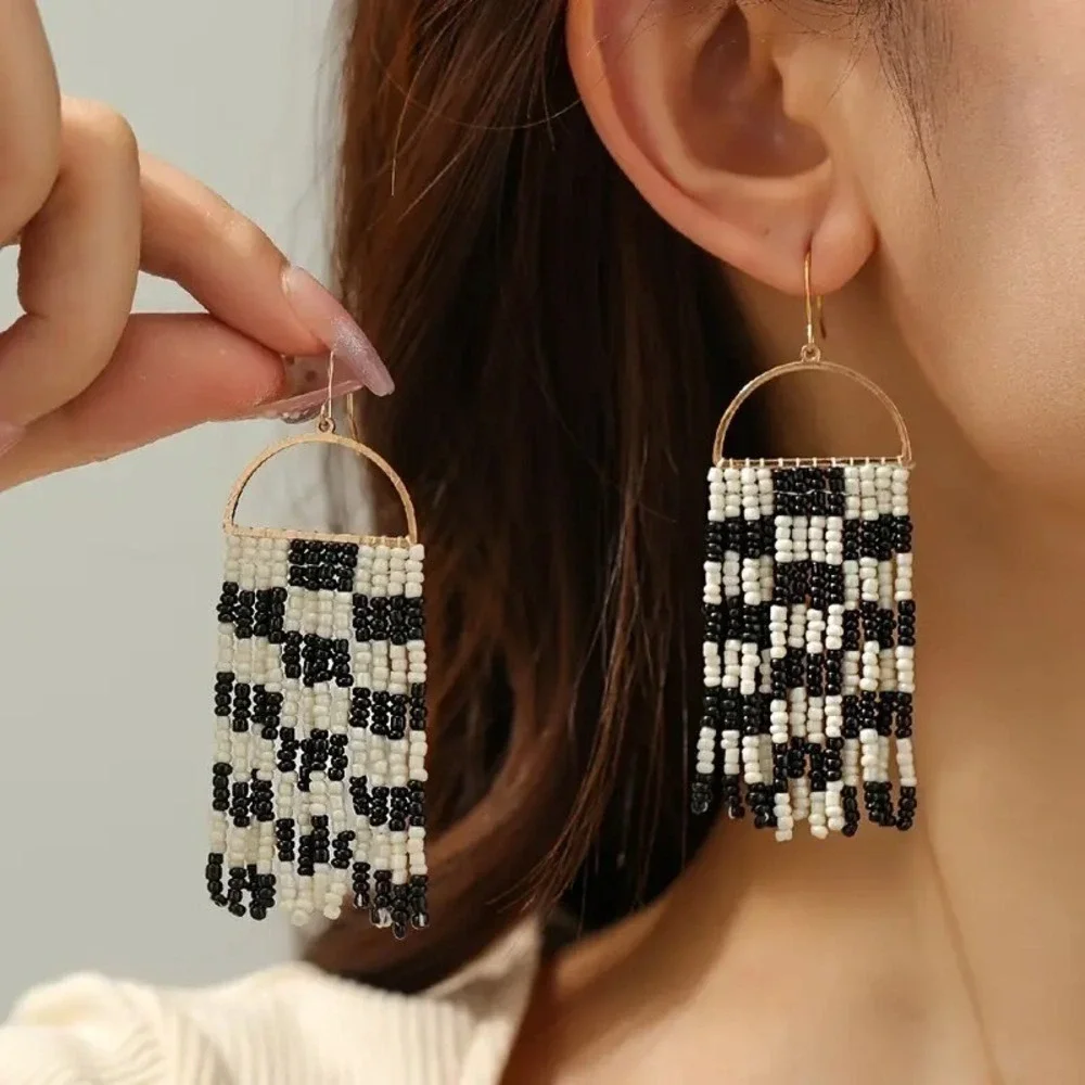 Beaded Dangle Earrings Checkerboard Fringe Statement Earrings Bohemian Jewelry‎
